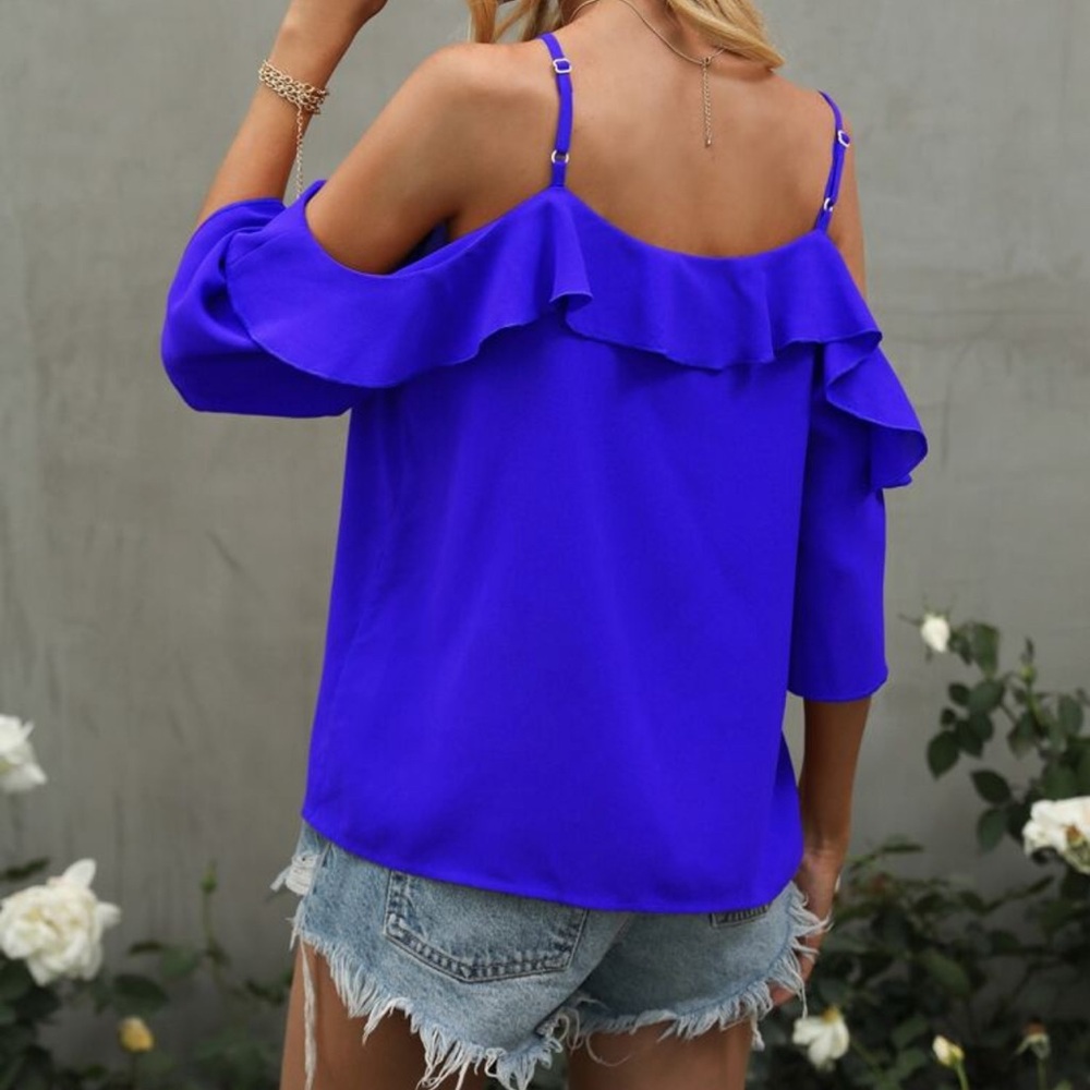 Elegant Blue Ruffle Cold Shoulder Top - Picture 2 of 2